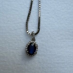 Blue Sapphire with CZ accents with Sterling Silver Necklace